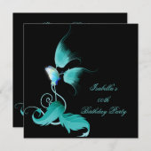 Aquamarin Blue Floral Butterfly Black Birthday Par Einladung (Vorne/Hinten)
