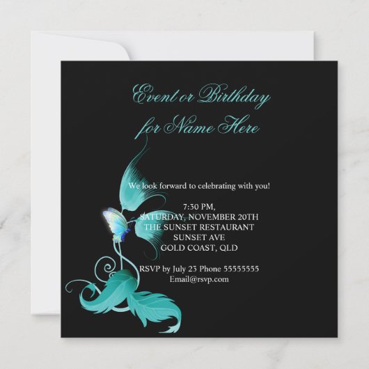 Aquamarin Blue Floral Butterfly Black Birthday Par Einladung (Rückseite)