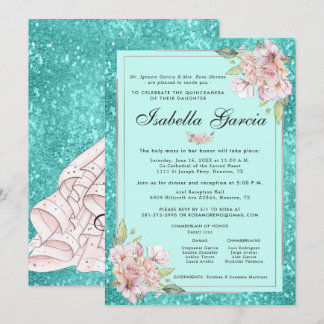 Aquamarin Blue Floral Quinceañera Geburtstag Einla Einladung
