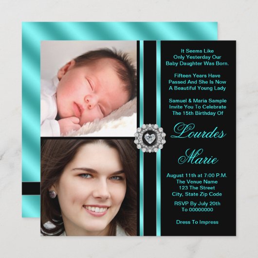 Aquamarin Blue Foto Quinceanera Einladung (Vorne/Hinten)