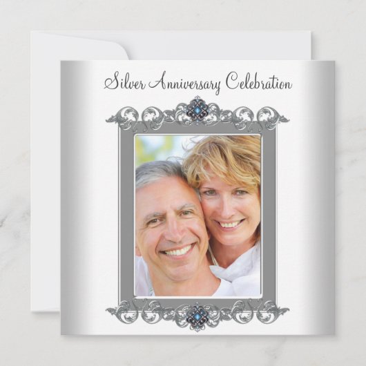 Aquamarin Blue Foto Silver 25-jähriges Party Einladung (Vorderseite)