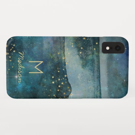 Aquamarin Blue Galaxy Gold Stars Celestial Sky Mon Case-Mate iPhone Hülle (Rückseite (Horizontal))