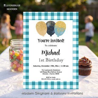 Aquamarin Blue Gingham, Party Balloons 1. Geburtst Einladung