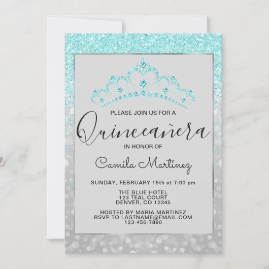 Aquamarin Blue Girly Glitzer Sparkle Quinceanera Einladung (Vorderseite)