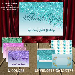 Aquamarin Blue Glitzer, 80. Geburtstag Danke Postkarte