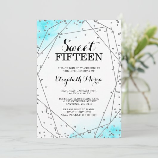 Aquamarin Blue Glitzer Geometric Sweet 15 Quinceañ Einladung (Stehend Vorderseite)