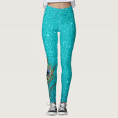 Aquamarin Blue Glitzer Glam mit Peacock Feather Leggings (Vorderseite)