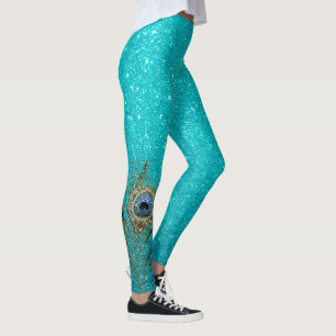 Aquamarin Blue Glitzer Glam mit Peacock Feather Leggings
