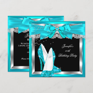 Aquamarin Blue Glitzer High Heel Silver Geburtstag Einladung