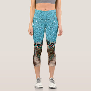 Aquamarin Blue Glitzer Leopard Print Abstrakt Capri Leggings