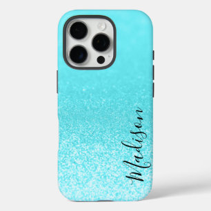 Aquamarin Blue Glitzer Lights Personalisiert iPhone 16 Pro Hülle