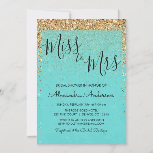 Aquamarin Blue Glitzer Miss an Mrs. Brautparty Einladung (Vorderseite)