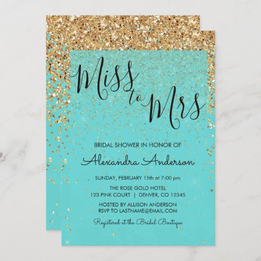 Aquamarin Blue Glitzer Miss an Mrs. Brautparty Einladung (Vorne/Hinten)