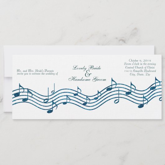 Aquamarin Blue Glitzer Music Long Wedding Einladun Einladung (Vorderseite)