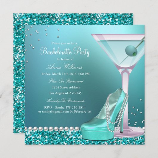 Aquamarin Blue Glitzer Pearl Junggeselinnen-Abschi Einladung (Vorne/Hinten)