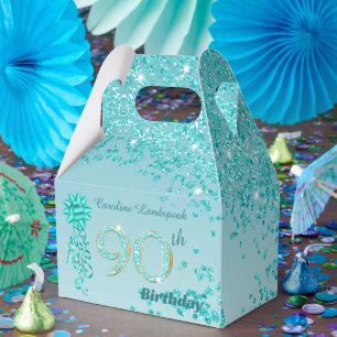 Aquamarin Blue Glitzer & Ribbon 90. Geburtstag Geschenkschachtel