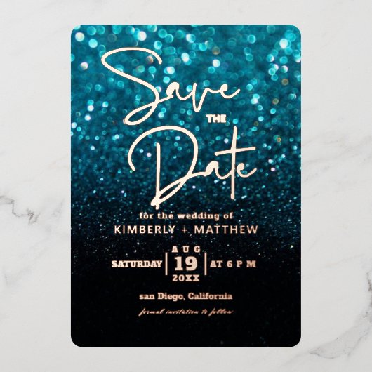 aquamarin Blue Glitzer Save the Date wedning Foi Folieneinladung (Vorderseite)