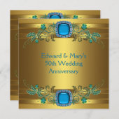 Aquamarin Blue Gold 50. Hochzeitsszenario Party Einladung (Vorne/Hinten)