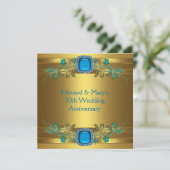 Aquamarin Blue Gold 50. Hochzeitsszenario Party Einladung (Stehend Vorderseite)