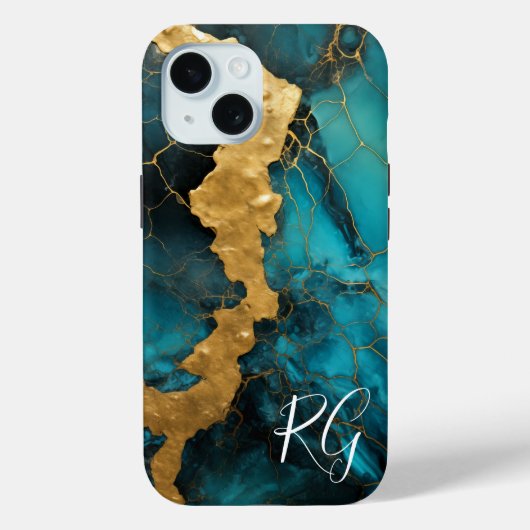 Aquamarin Blue Gold Abstrakt Marble Monogram Case-Mate iPhone Hülle (Rückseite)