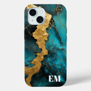 Aquamarin Blue Gold Abstrakt Marble Monogram Case-Mate iPhone Hülle
