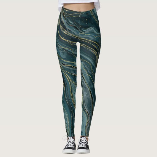 Aquamarin Blue Gold Abstrakt Watercolor Waves Leggings (Vorderseite)