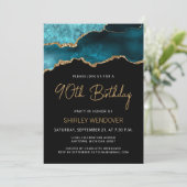 Aquamarin Blue Gold Agate 90. Geburtstag Einladung (Stehend Vorderseite)