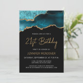 Aquamarin Blue Gold Agate Einladung zum 21. Geburt (Stehend Vorderseite)