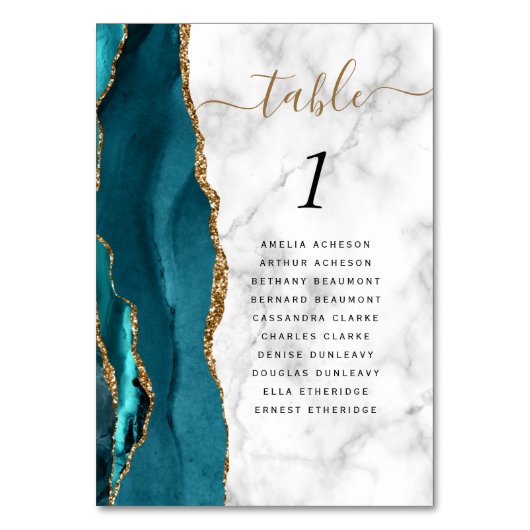 Aquamarin Blue Gold Agate Marble Wedding Tischnummer (Rückseite)