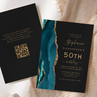 Aquamarin Blue Gold Agate QR Code 50. Geburtstag Einladung