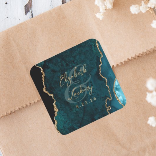 Aquamarin Blue Gold Agate Script Hochzeit Quadratischer Aufkleber