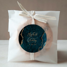 Aquamarin Blue Gold Agate Script Hochzeit Runder Aufkleber