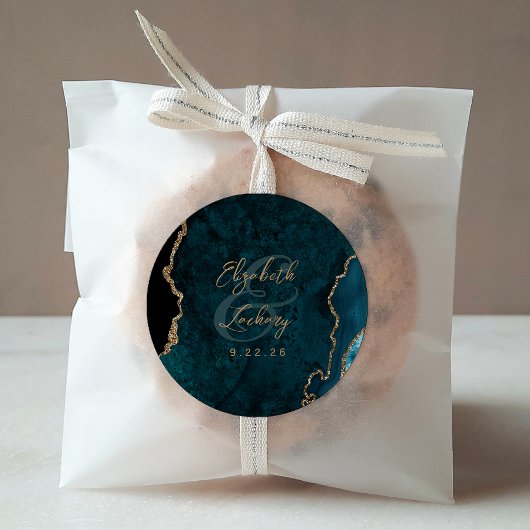 Aquamarin Blue Gold Agate Script Hochzeit Runder Aufkleber