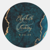 Aquamarin Blue Gold Agate Script Hochzeit Runder Aufkleber (Vorderseite)