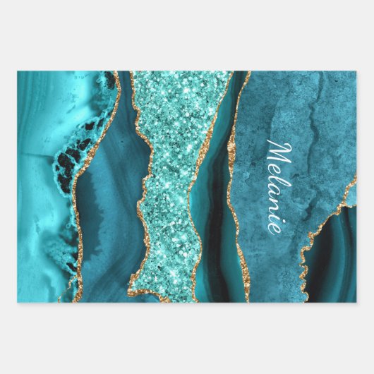 Aquamarin Blue Gold Aqua Türkis Benutzerdefiniert Geschenkpapier Set (Vorderseite 2)