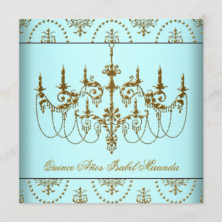Aquamarin Blue Gold Chandelier Quinceanera Einladung