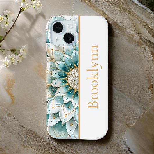 Aquamarin Blue Gold Floral Mandala Personalisiert Case-Mate iPhone Hülle