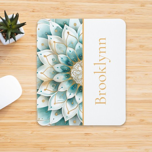 Aquamarin Blue Gold Floral Mandala Personalisiert Mousepad