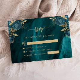 Aquamarin Blue Gold Floral Script Hochzeit RSVP Begleitkarte