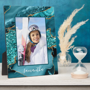 Aquamarin Blue Gold Glitzer Agate Elegantes Foto Fotoplatte