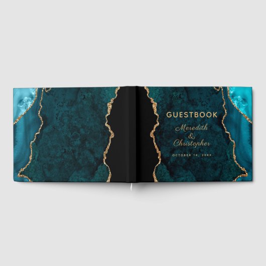 Aquamarin Blue Gold Glitzer Agate Wedding Gästebuch (Voll)