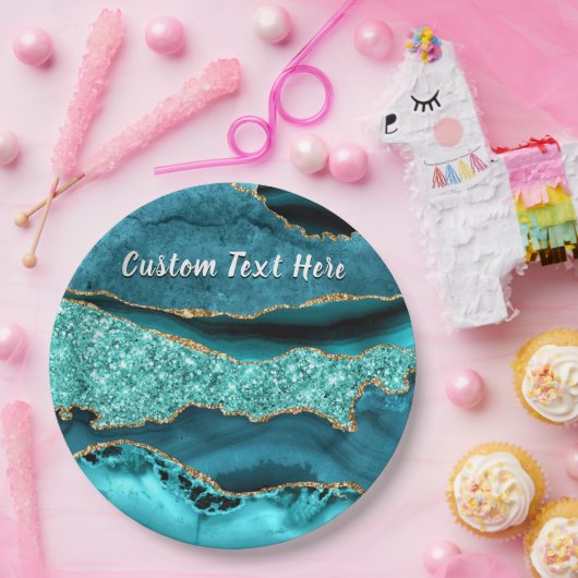 Aquamarin Blue Gold Glitzer Custom Text Paper Tell Pappteller (Party)