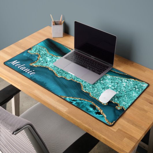 Aquamarin Blue Gold Glitzer Desk Mat mit Individue Schreibtischunterlage (Büro 2)