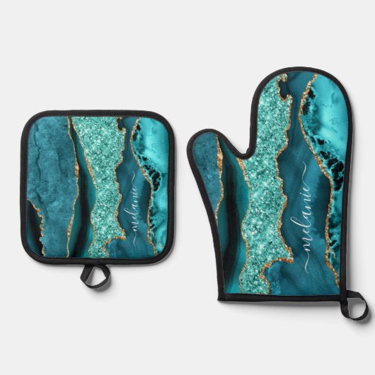 Aquamarin Blue Gold Glitzer Individuelle Name Aqua Ofenhandschuh & Topflappen-Set (Vorderseite)