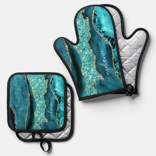 Aquamarin Blue Gold Glitzer Individuelle Name Aqua Ofenhandschuh & Topflappen-Set (Vorderseite/Rückseite)