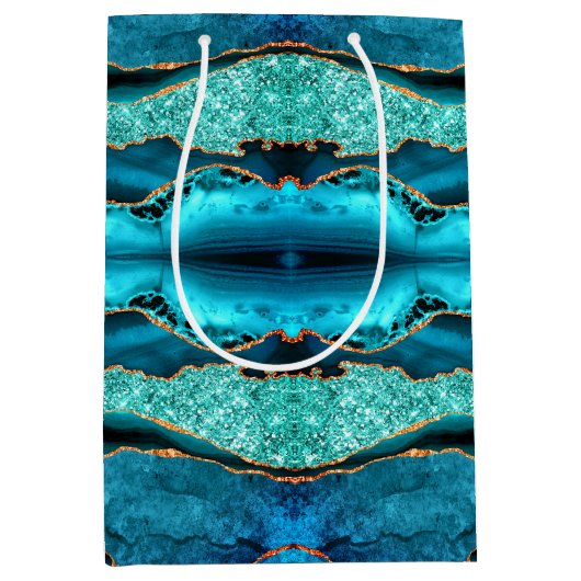 Aquamarin Blue Gold Glitzer Marbella Aqua Geschenk Mittlere Geschenktüte (Vorderseite)