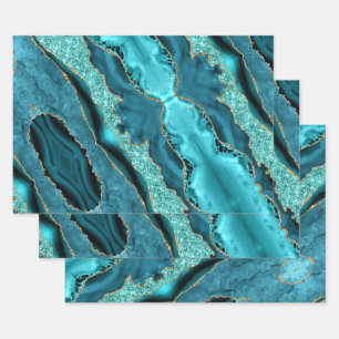 Aquamarin Blue Gold Glitzer Marbella Aqua Geschenkpapier Set