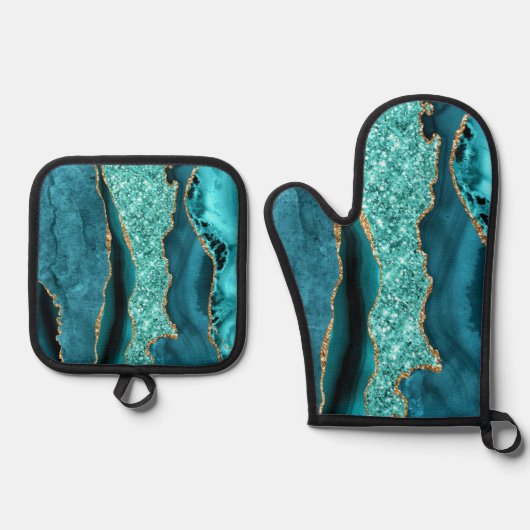 Aquamarin Blue Gold Glitzer Marbella Aqua Ofenhandschuh & Topflappen-Set (Vorderseite)