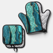 Aquamarin Blue Gold Glitzer Marbella Aqua Ofenhandschuh & Topflappen-Set (Vorderseite/Rückseite)