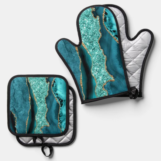 Aquamarin Blue Gold Glitzer Marbella Aqua Ofenhandschuh & Topflappen-Set (Vorderseite/Rückseite)